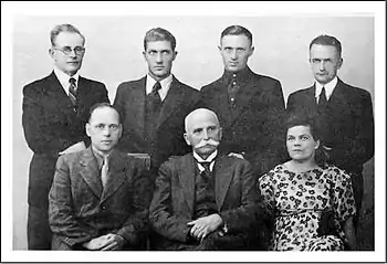 Graduation photo of the Landscape Workshop in 1942. Seated in the middle of the front row is Professor Vilhelms Purvītis. To the left of him is Mārtiņš Krūmiņš.