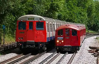 Image 15London Underground A60 Stock (left) and 1938 Stock (right) trains showing the difference in the sizes of the two types of rolling stock operated on the system. A60 stock trains operated on the surface and sub-surface sections of the Metropolitan line from 1961 to 2012 and 1938 Stock operated on various deep level tube lines from 1938 to 1988.