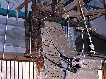 The punched-card control mechanism of a Jacquard loom in use in 2009, Varanasi, Uttar Pradesh, India.