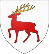 A shield of arms showing a red stag on a white ground