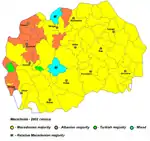 A map of Macedonia showing the most prominent ethnicity by municipality. Municipalities in the northwest frequently have Albanian majorities, and a couple with Turkish majorities. Almost all of the rest have Macedonian majorities