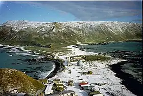 Macquarie Island Isthmus, looking south from the summit of Wireless Hill, overlooking the research station.