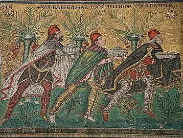 The Three Wise Men", Balthasar, Melchior, and Gaspar.(Basilica of Sant'Apollinare Nuovo in Ravenna, Italy, c. 526 AD)