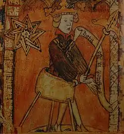 King Magnus Eriksson IV of Sweden, VII of Norway, on the title page of his Swedish national law (Magnus Erikssons landslag), c. 1350.