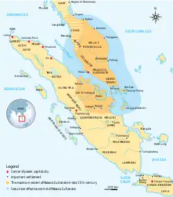 The extent of the Sultanate in the 15th century, during the reign of Mansur Shah. Pre-modern Southeast Asian political borders are subject to speculation.