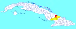 Manatí municipality (red) within  Las Tunas Province (yellow) and Cuba