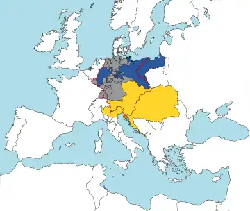 map of Europe, showing territory of predominantly German-speaking population, and Austria's multi-national, multi-linguistic territory