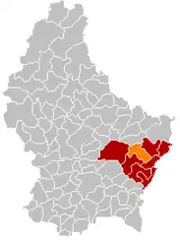 Map of Luxembourg with Biwer highlighted in orange, and the canton in dark red