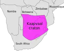 This map shows the outlines of the southern African nations of Namibia, Botswana, Zimbabwe and South Africa. Kaapvaal's outline is superimposed on the countries.