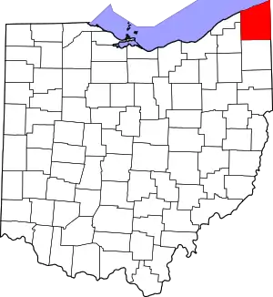 Map of Ohio highlighting Ashtabula County