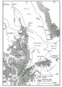 Medieval map of kingdoms and regions alongside major trade routes in the Horn of Africa