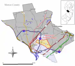 Map of the former Mercerville-Hamilton Square CDP in Mercer County. Inset: Location of Mercer County in New Jersey.
