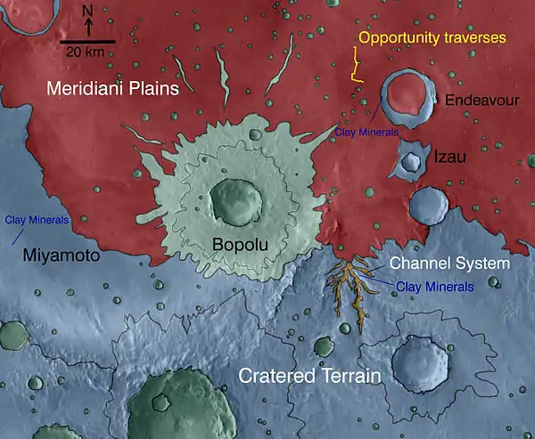 Color-coded for minerals and annotated, Bopolu crater is centered in this image with its distinctive ejecta detected by MRO's CRISM instrument. Nearby is Endeavour crater, reached by MER-B in 2011