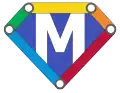 Diamond shape, bordered by green, yellow, orange, red, and blue segments, with white "M" text in the middle on dark blue background