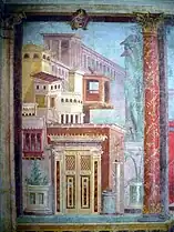 Architectural detail of 2D panel of original east wall, Cubiculum (bedroom) from the Villa of P. Fannius Synistor at Boscoreale. Fresco Roman Republican period Date: ca. 50–40 B.C. (Metropolitan Museum)