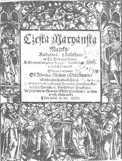 A Czech example of Fraktur: Title page of Česká mariánská muzika by Adam Václav Michna z Otradovic (1647) ("Cżeská maryánska muzyka" by old orthography)