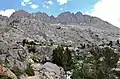 Looking up at southwest aspects of Norman Clyde Peak, Middle Palisade, and Disappointment Peak (furthest right).