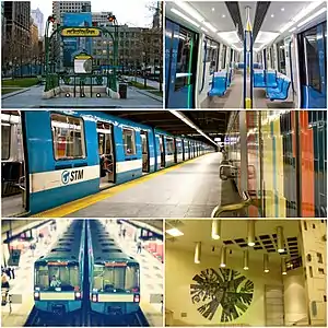 Left to right, from top: Hector Guimard's Paris Métro entrance at Square-Victoria–OACI; interior of the new MPM-10 ("Azur") trains; MR-73 train at Montmorency station; two MR-73 trains at Plamondon station; ceramic mural at Crémazie station