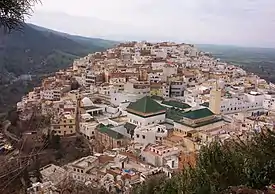 Mausoleum of Idris I (green structure bottom left) in Moulay Idriss