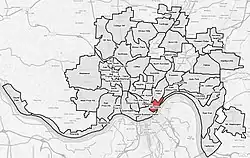 Mount Adams (red) within Cincinnati