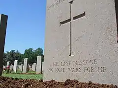 His last message: No more wars for me – A headstone in the Jerusalem British World War I Cemetery on Mount Scopus