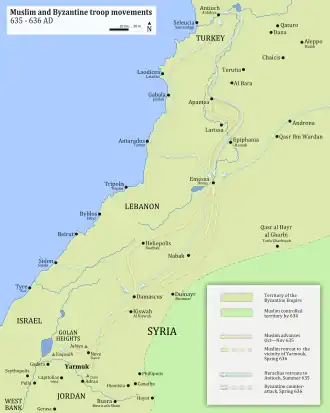 map of Muslim and Byzantine troop movement prior to yarmuk