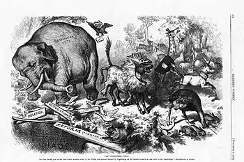 An 1874 cartoon by Thomas Nast, featuring the first notable appearance of the Republican elephant