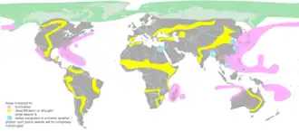 A schematic showing the regions where natural disasters will occur due to climate change (global warming)