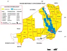 Map showing Niger Oil and Gas blocs and licenses information from 2020. Almost all blocks are available for concession, except six: three are held by CNPC, two by Savannah Petroleum and one by Sonatrach.