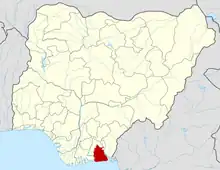 Uyo is located in Akwa Ibom State which is shown in red.