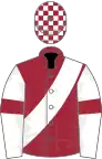 Maroon, white sash, white sleeves, maroon armlets, checked cap