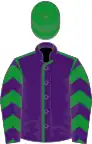 Purple, green seams, chevrons on sleeves, green cap