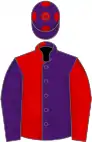 Purple and red (halved), reversed sleeves, purple cap, red spots