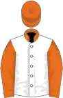 White, orange collar, sleeves and cap