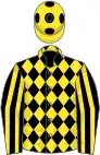 Black and yellow diamonds, striped sleeves, yellow cap, black spots