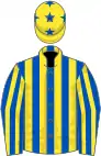 Royal blue and yellow stripes, yellow cap, royal blue stars