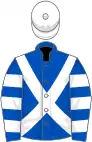 Royal blue, white cross-belts, hooped sleeves, white cap