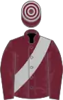 Claret, silver sash, hooped cap