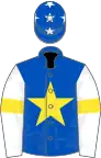 Royal blue,yellow star,white sleeves,yellow armlet,royal blue cap,white stars