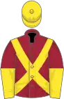 Maroon, yellow cross belts, halved sleeves, yellow cap