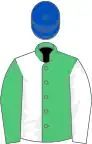 Emerald green and white (halved), sleeves reversed, royal blue cap