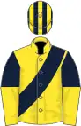 Yellow, dark blue sash, dark blue and yellow halved sleeves, striped cap