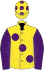 Yellow, large Purple spots, sleeves and spots on cap