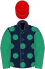 Dark blue, emerald green spots and sleeves, red cap