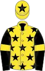 Yellow, black stars, black sleeves, yellow armlets, yellow cap, black star