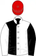 Black and white halved, sleeves reversed, red cap