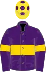 Purple, gold hoop on body and sleeves, yellow cap, purple spots