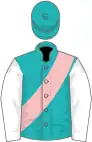 Green, pink sash, white sleeves