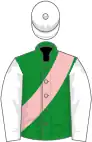 Green, pink sash, white sleeves and cap