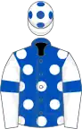 Royal blue, white spots, white sleeves, royal blue armlets and spots on white cap